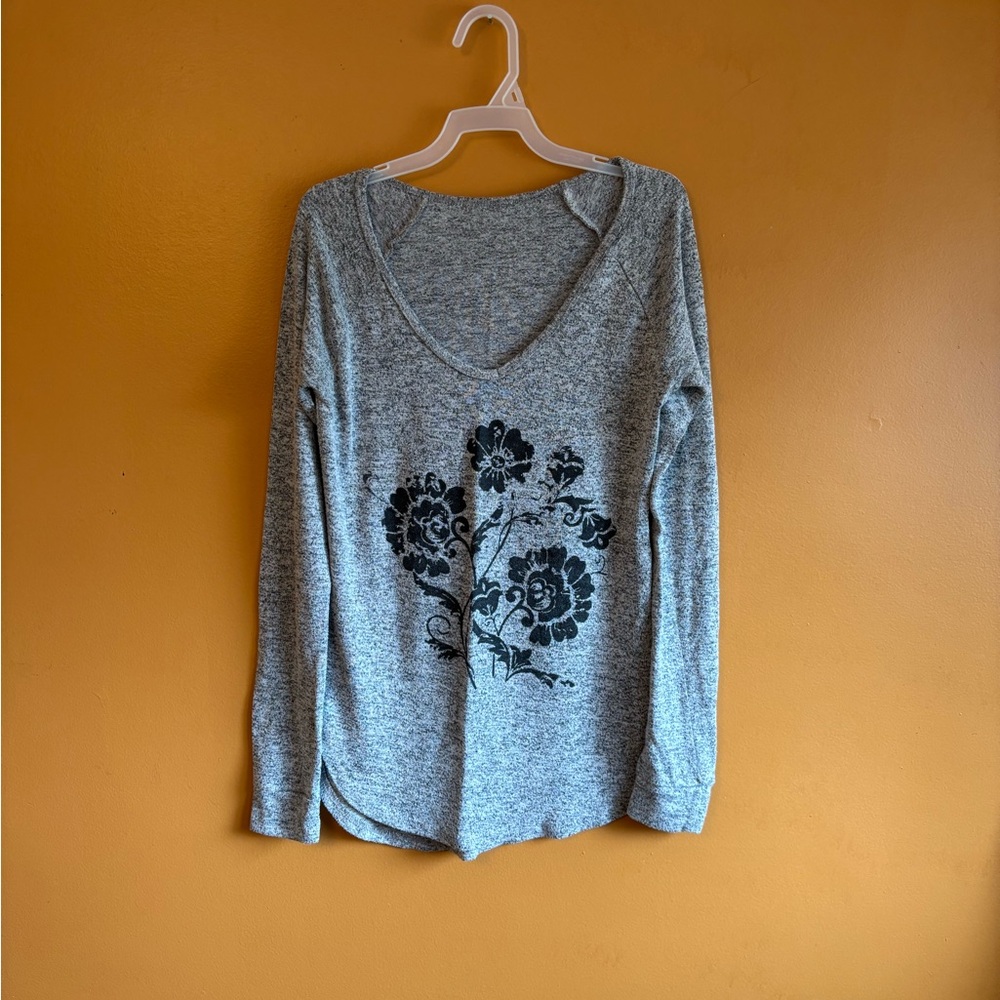 Gray Floral V-Neck Women's Top